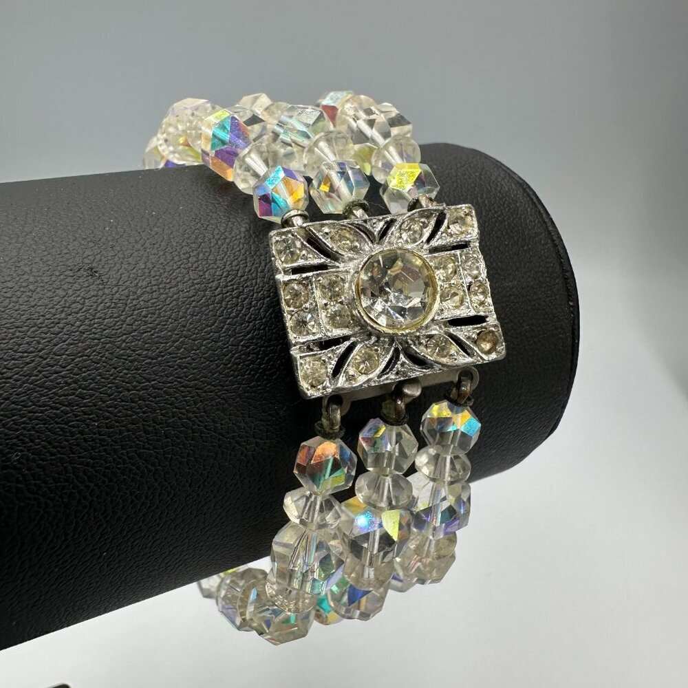 Vintage Aurora Borealis Glass Bracelet Multi Strand Clear Crystal Beads Art Deco - Picture 4 of 12